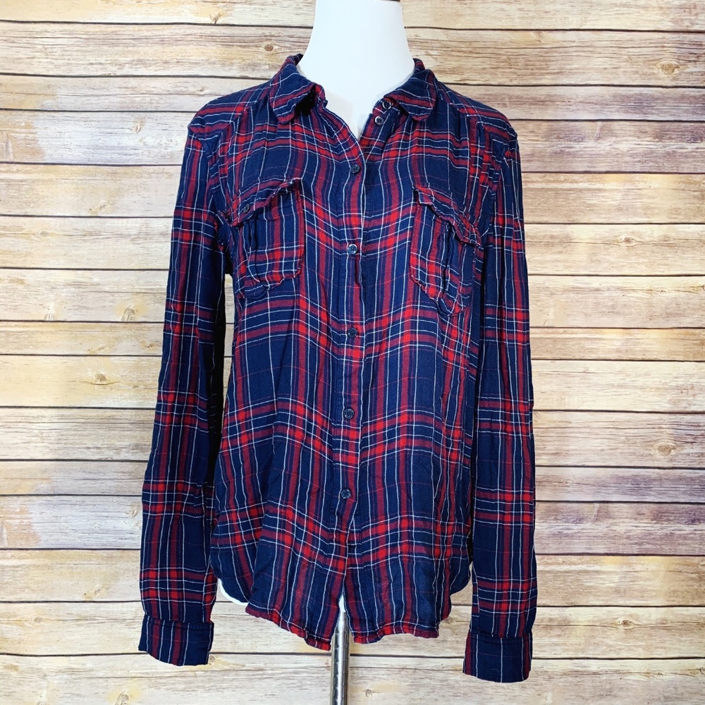 Paige Mya Shirt Dark Ink Blue Red Button Up Blouse - Picture 1 of 8